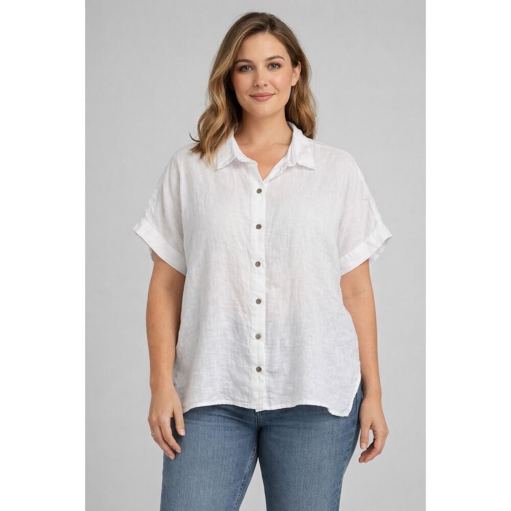 Rachel Roy 100% Linen White Boxy Fit Short Sleeve Cuffed Top Large #778
